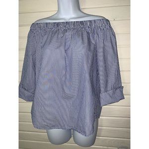 Zara Woman Sz XS Off Shoulder Striped Bardot Blouse Blue White Poplin EUC
